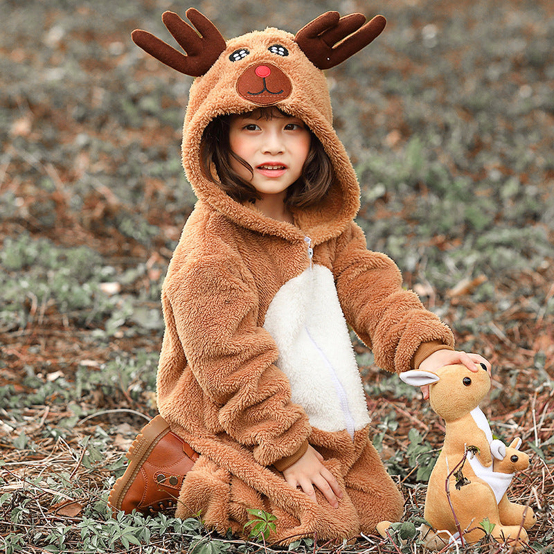 Girls Plush Reindeer Overall with Hood and Ears Chichicherry
