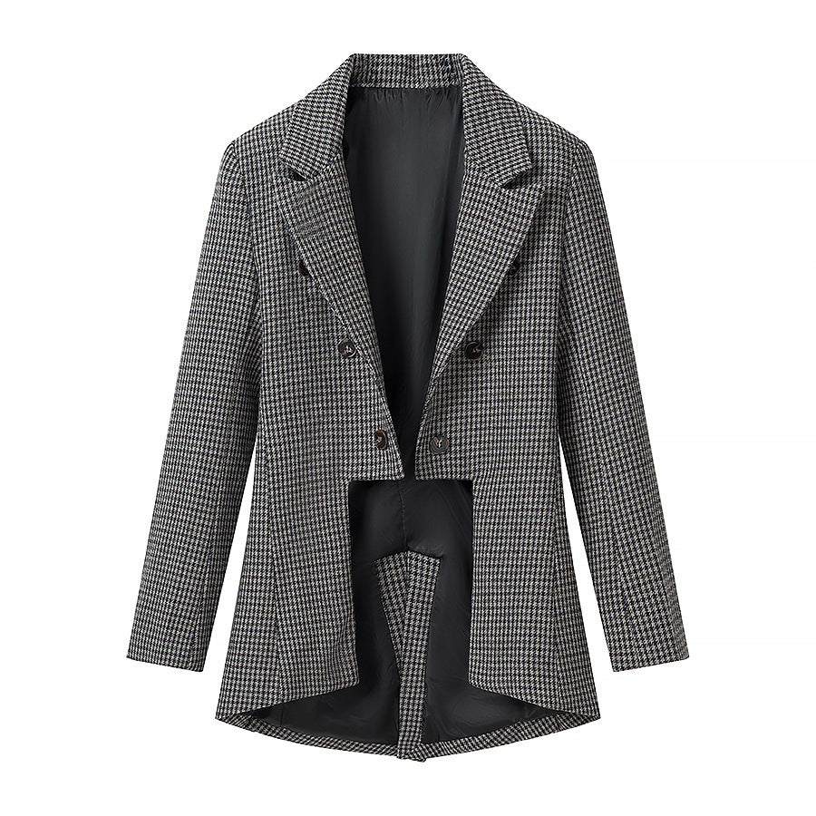 Women Houndstooth Blazer Inspired by Morning Coat with Cutaway Hem and Double-Breasted Button Placket Chichicherry