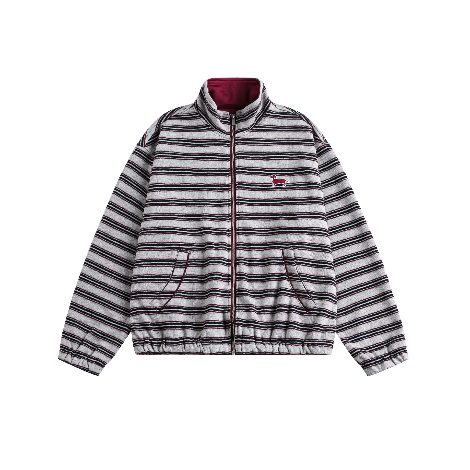 Women's Striped Sweat Jacket with Stand-Up Collar, Zipper and Elastic Hem