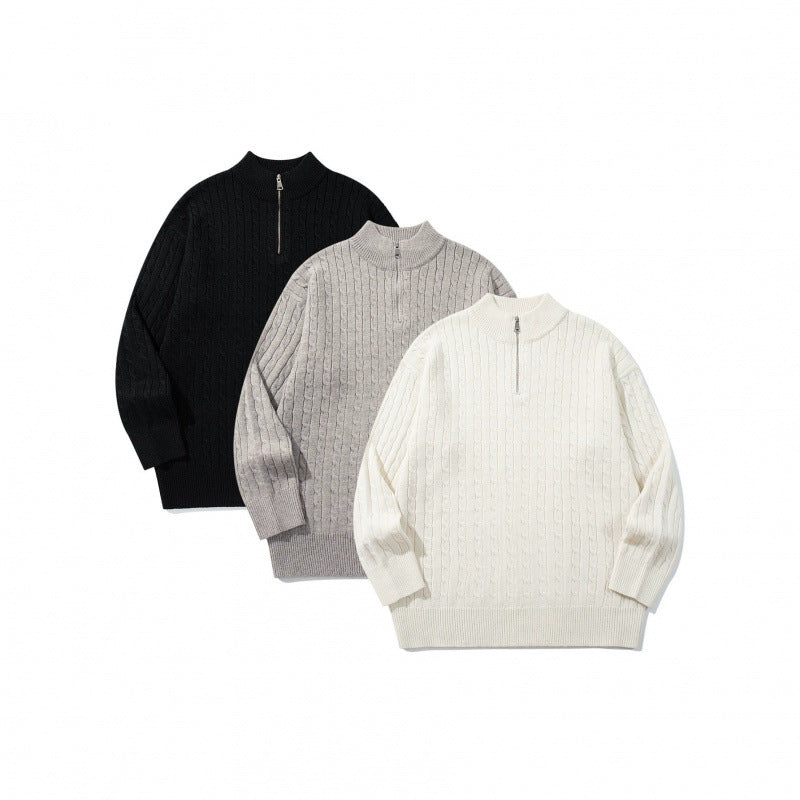 Unisex Oversize Braided Knit Half-Zip Sweater with Short Stand-Up Collar and Wide Ribbed Hem Chichicherry