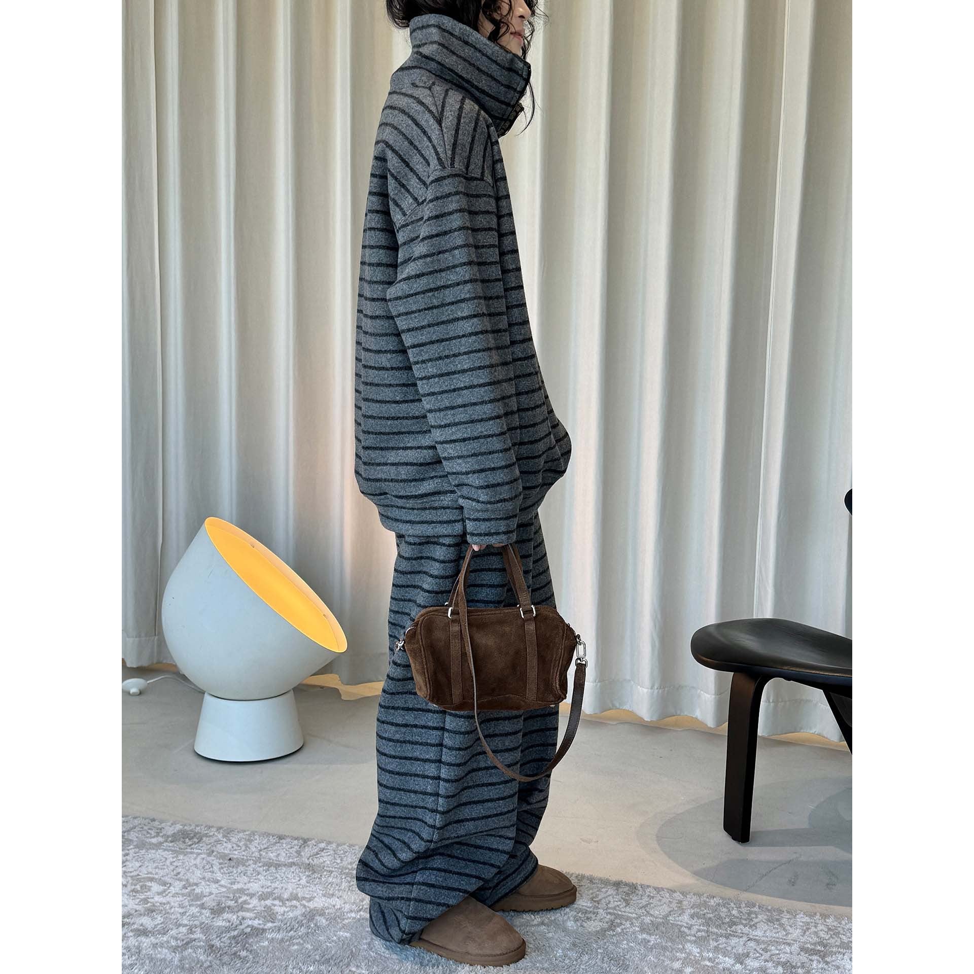 Women Striped Lounge Pants with High Waist, Drawstring and Wide Palazzo Cut Chichicherry