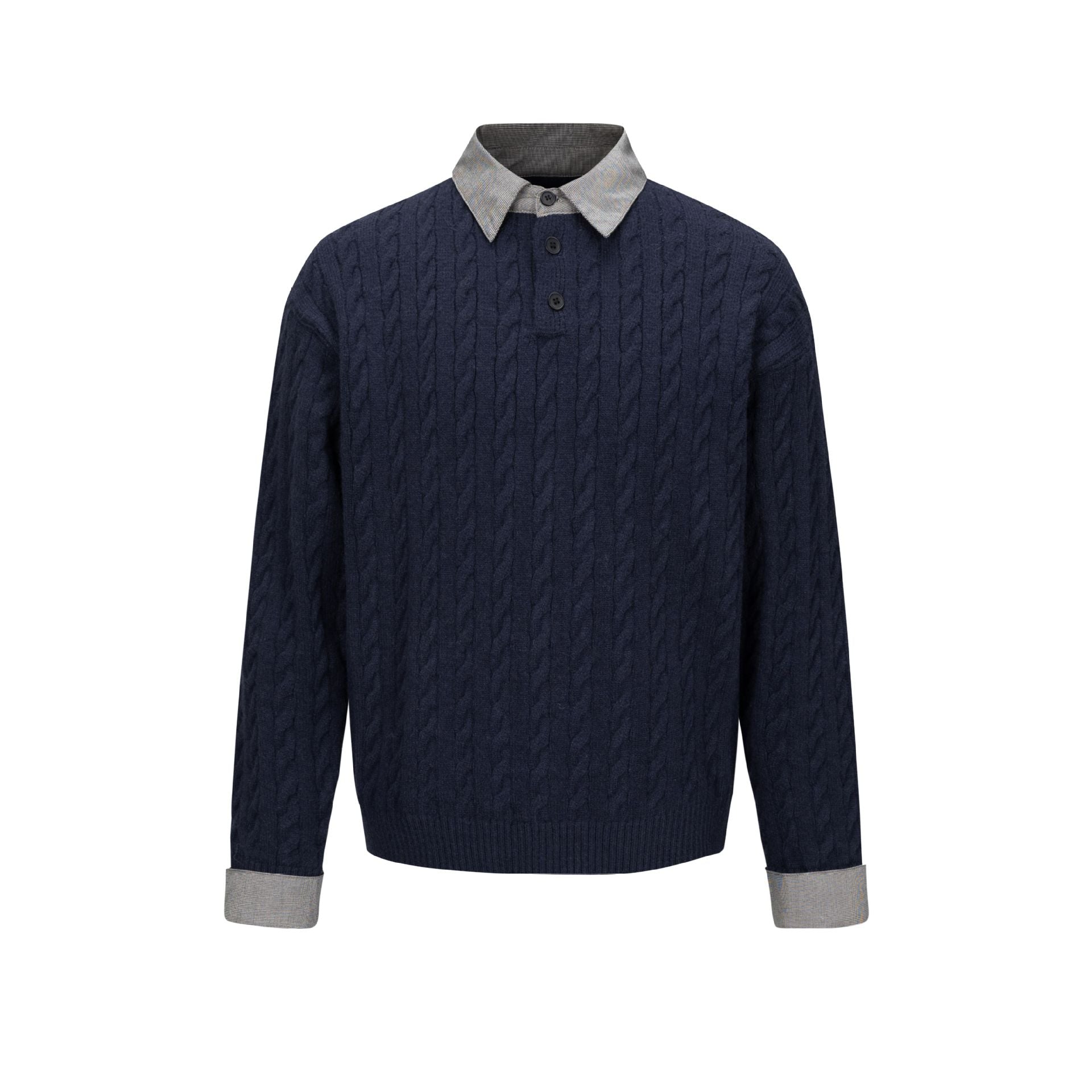 Men's Structured Knit Sweater with Integrated Shirt Collar and Three-Button Placket Chichicherry