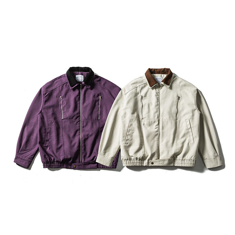 Men's Boxy Canvas Blouson Jacket with Cord Collar, Zipper Chest Pockets and Elastic Hem Chichicherry