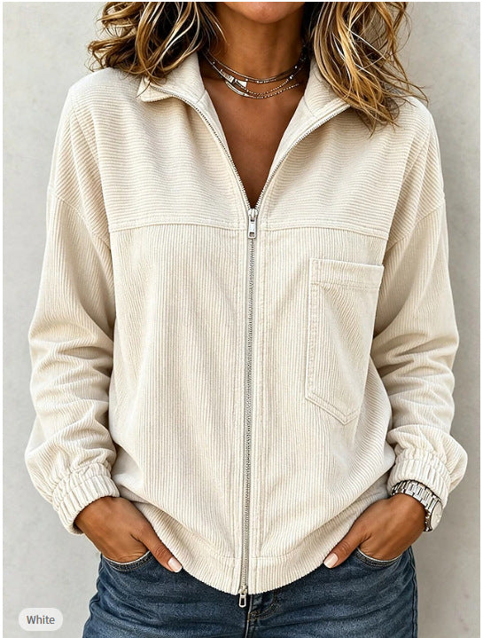 Women's cord jacket with zipper, stand-up collar and patch chest pocket Chichicherry