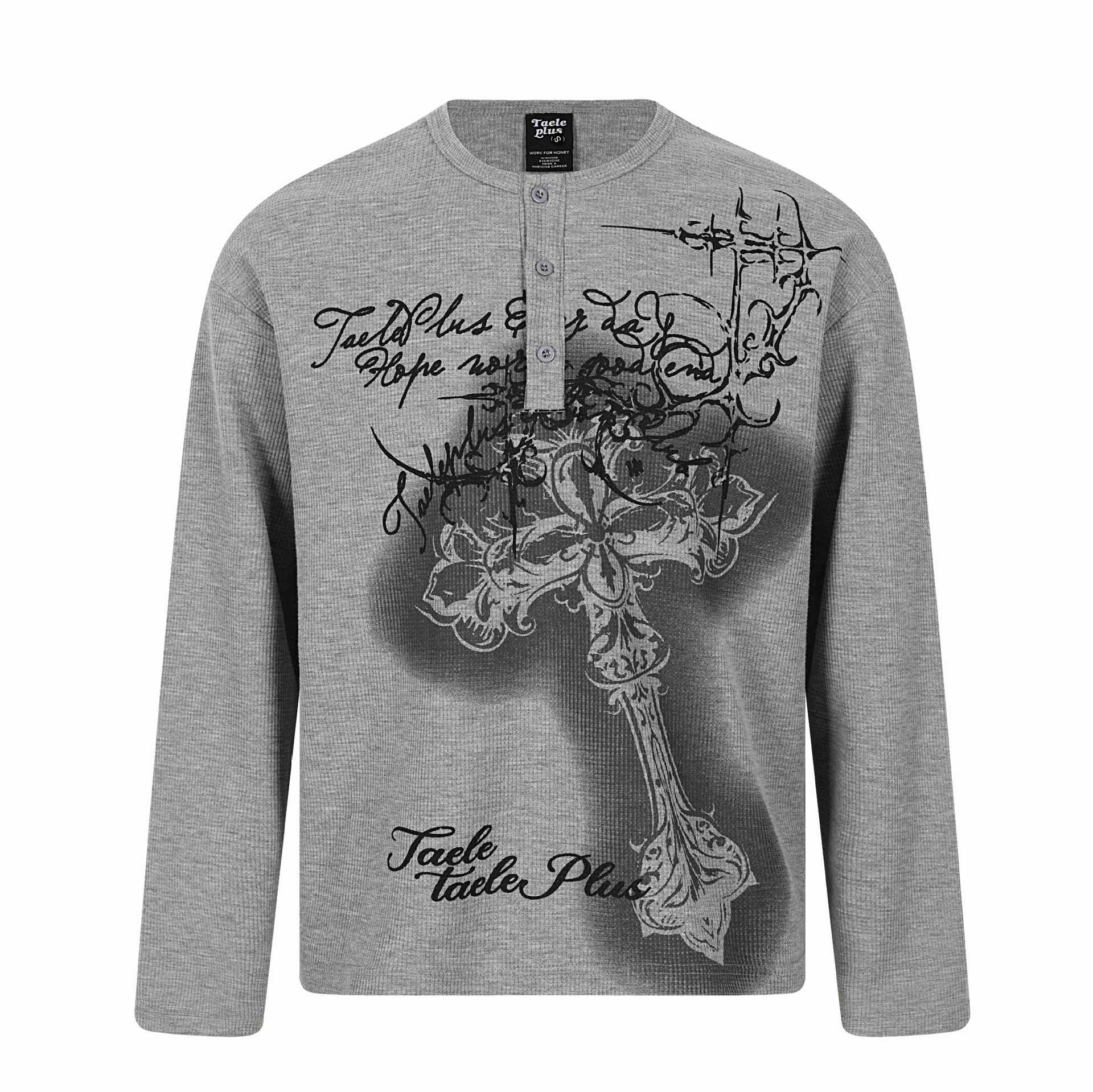 Men's Long Sleeve Henley Shirt with Waffle Texture, Button Placket and Large Graphic Print Chichicherry