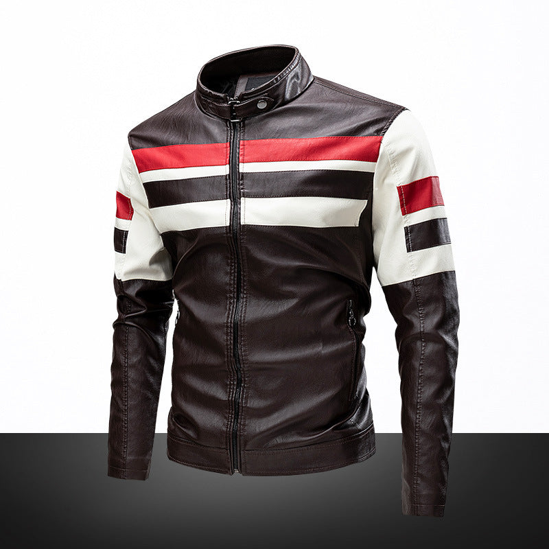 Men's biker jacket made of synthetic leather with contrasting stripes and stand-up collar Chichicherry
