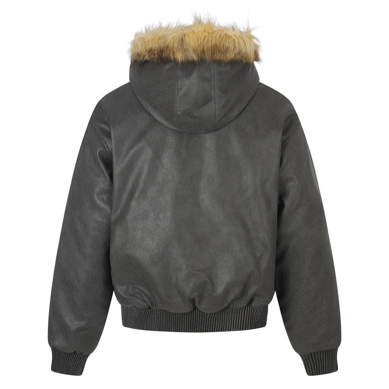 Women's Hooded Jacket in Leather Look with Studded Trim, Faux Fur Collar and Ribbed Hem Chichicherry