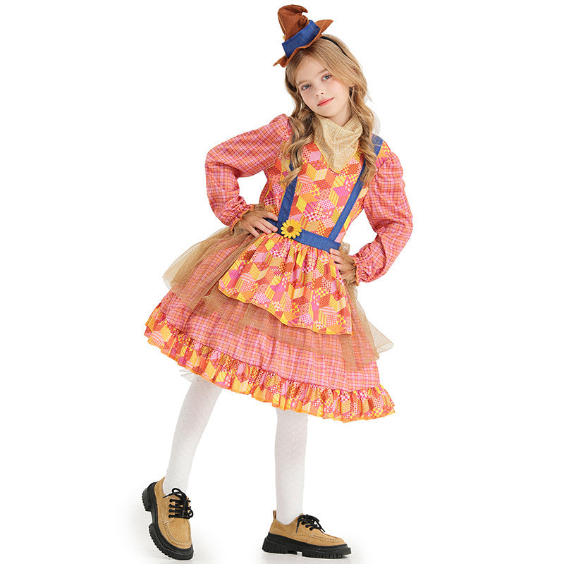 Girl Scarecrow Costume with Colorful Checkered Pattern and Stiff Hat Chichicherry