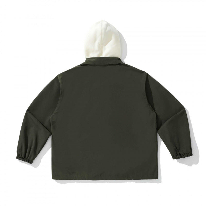 Unisex Two-Layer Overshirt Jacket with Attached Fleece Hood and Snap Button Placket Chichicherry