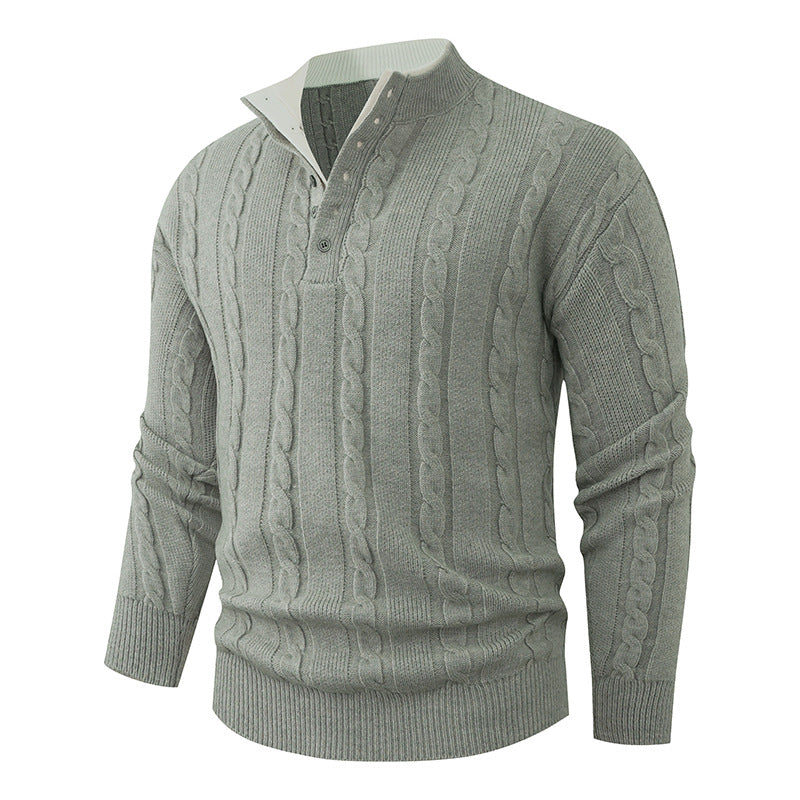 Men's Structured Cable Knit Sweater with Button Placket and Stand Collar Chichicherry