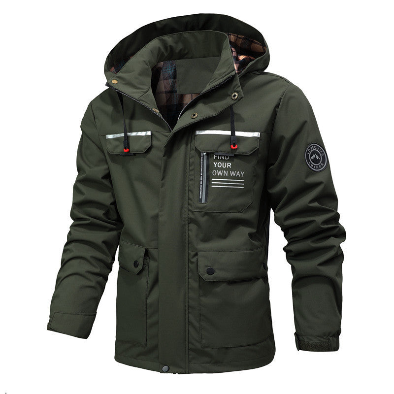 Men's functional jacket with hood, utility pockets and checkered lining Chichicherry