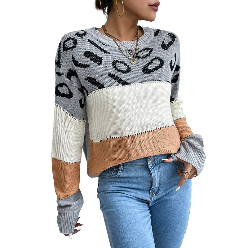 Women's oversized fine knit pullover with leopard jacquard, block stripes & open seam