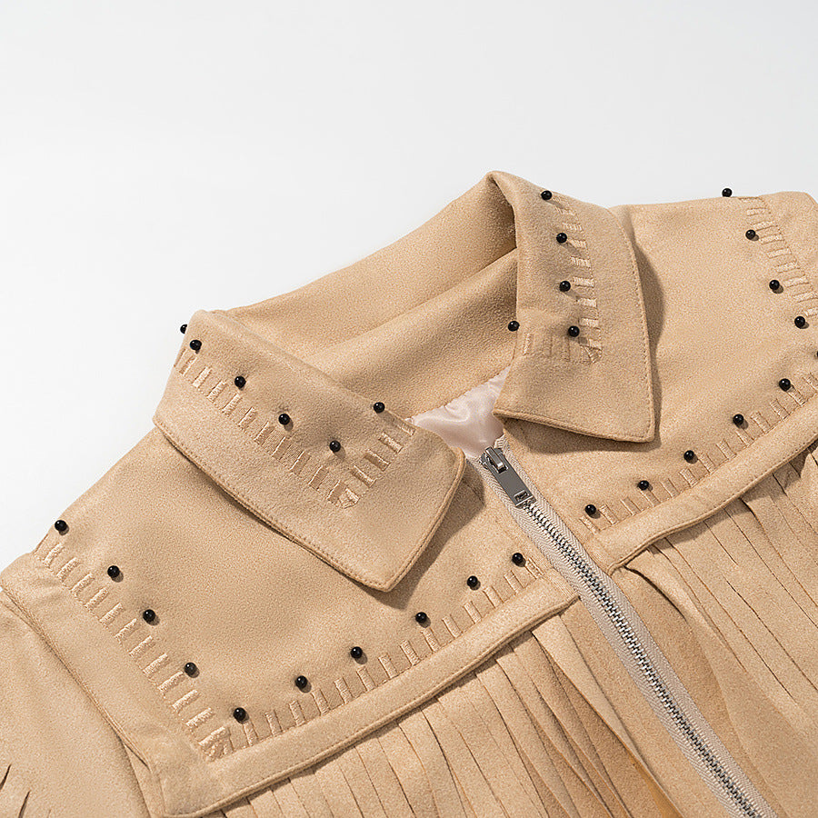 Women's Short Fringe Suede Jacket in Western Style with Studded Accents and Front Zipper Chichicherry