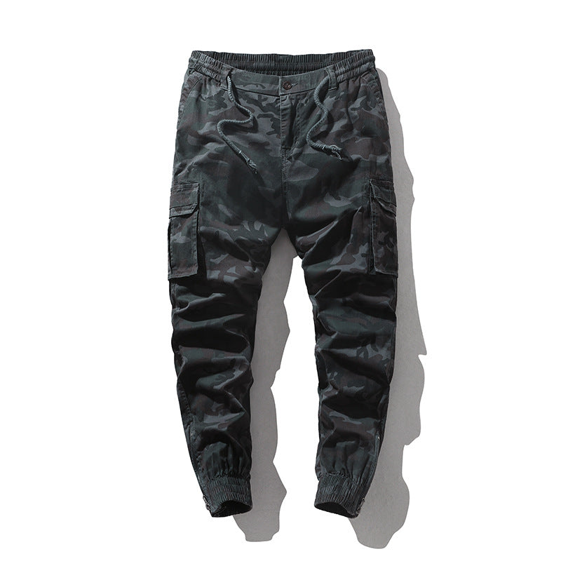 Men's cargo joggers in camouflage print, elastic waistband and cuffs.