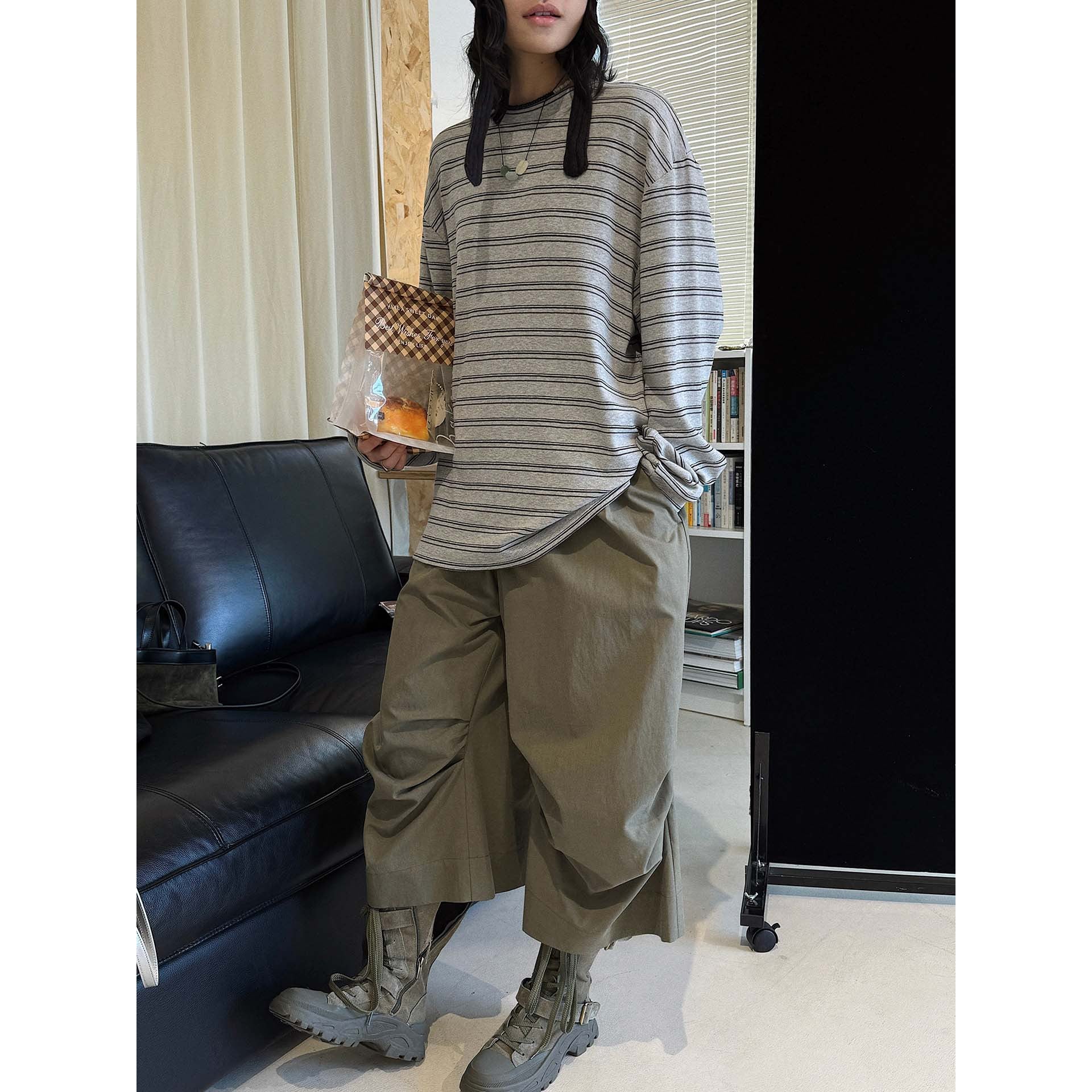 Women Casual Oversized Long Sleeve Shirt with Fine Striped Pattern and Dropped Shoulder Chichicherry