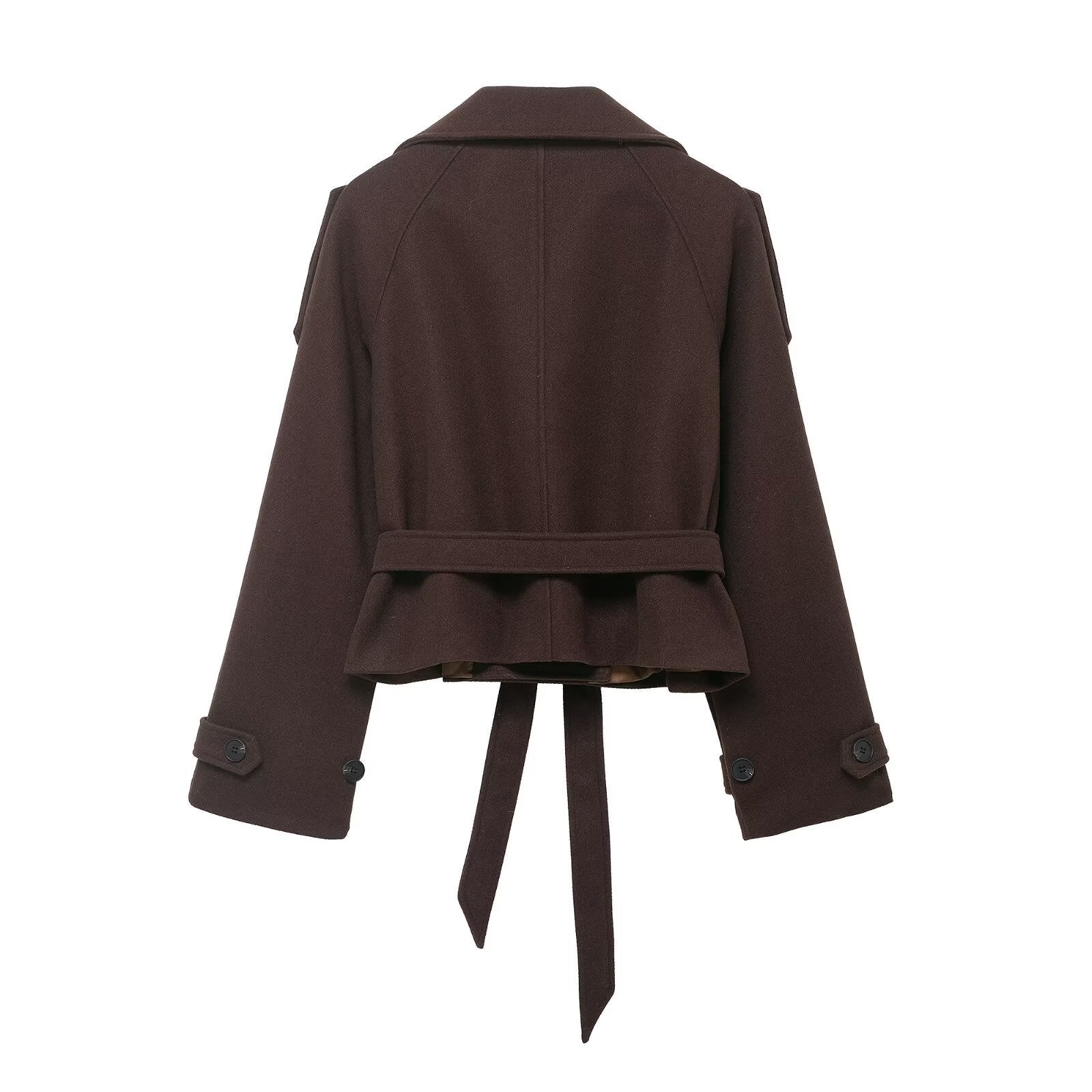 Women's Cropped Wool Blend Short Coat with High Stand-up Collar, Epaulettes, and Waist Belt Chichicherry