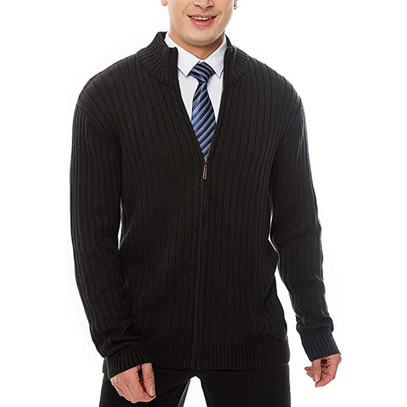 Men's fine-knit cardigan with full-length zipper, stand-up collar, and distinctive ribbed texture Chichicherry