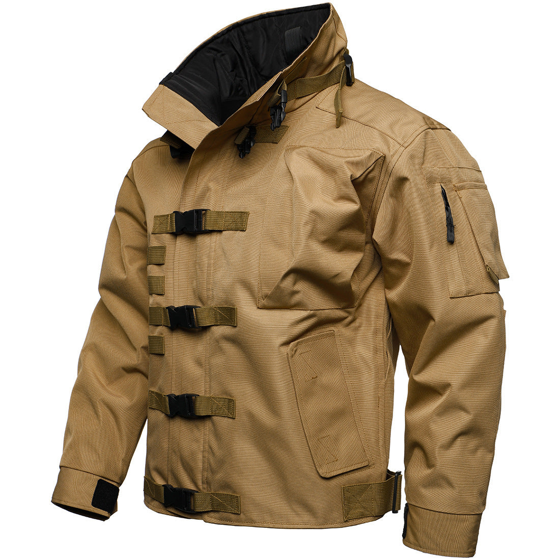 Men's Tactical Field Jacket with Modular Snap Closures and Stowable Hood Chichicherry