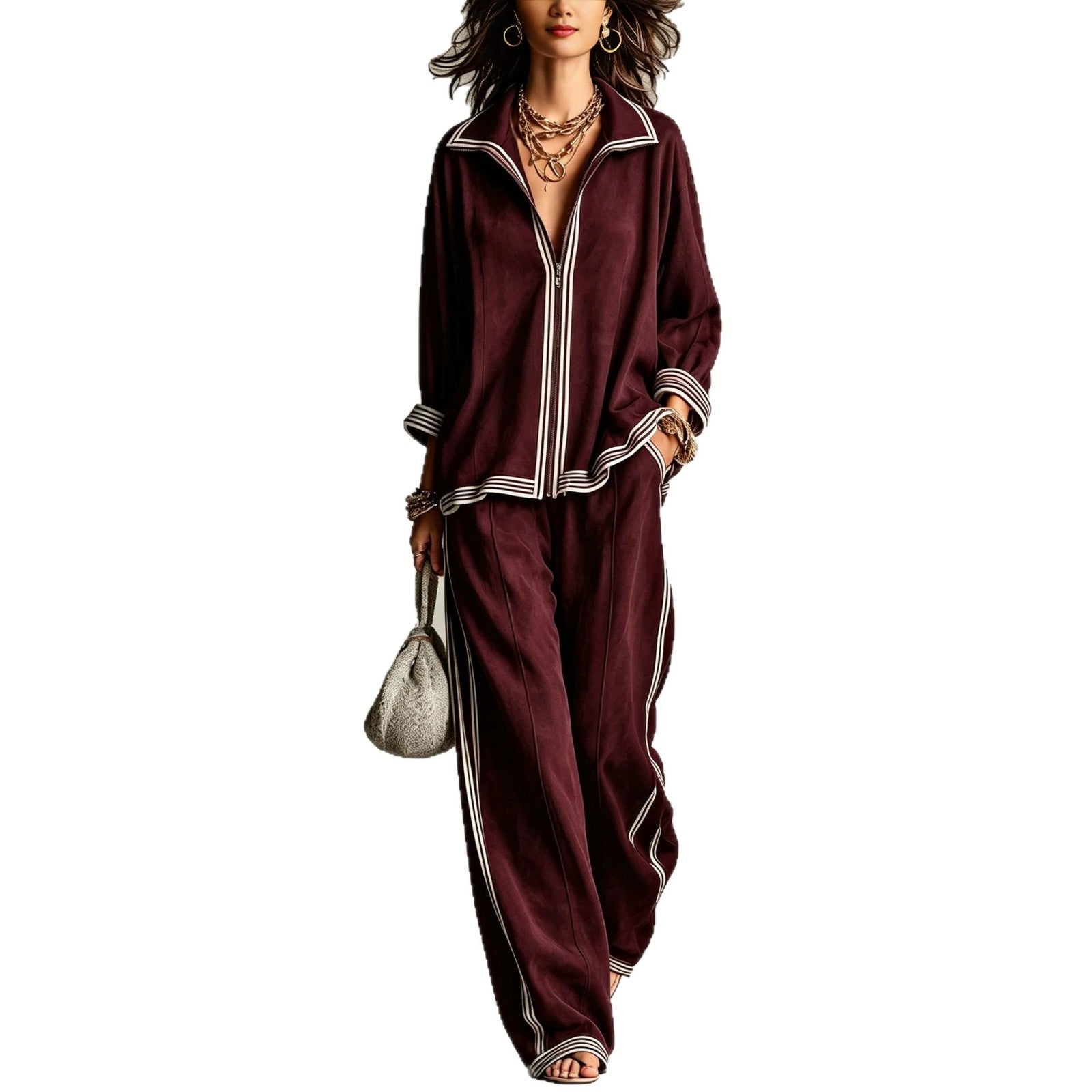 Women's Casual Velvet Tracksuit Set with Zip and Contrast Stripes Chichicherry