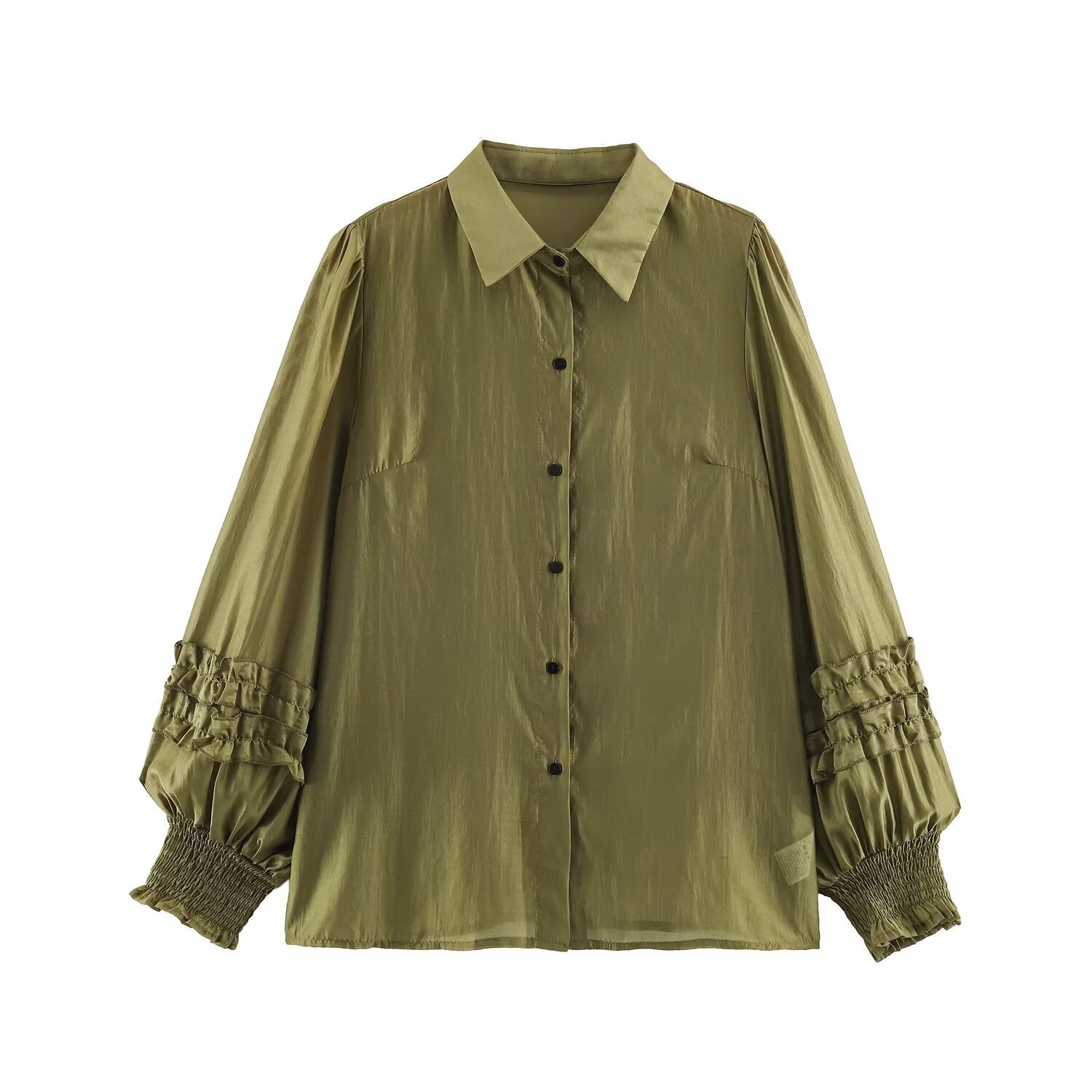 Women's silk effect blouse with voluminous sleeves, layered ruffles, and smocked cuffs