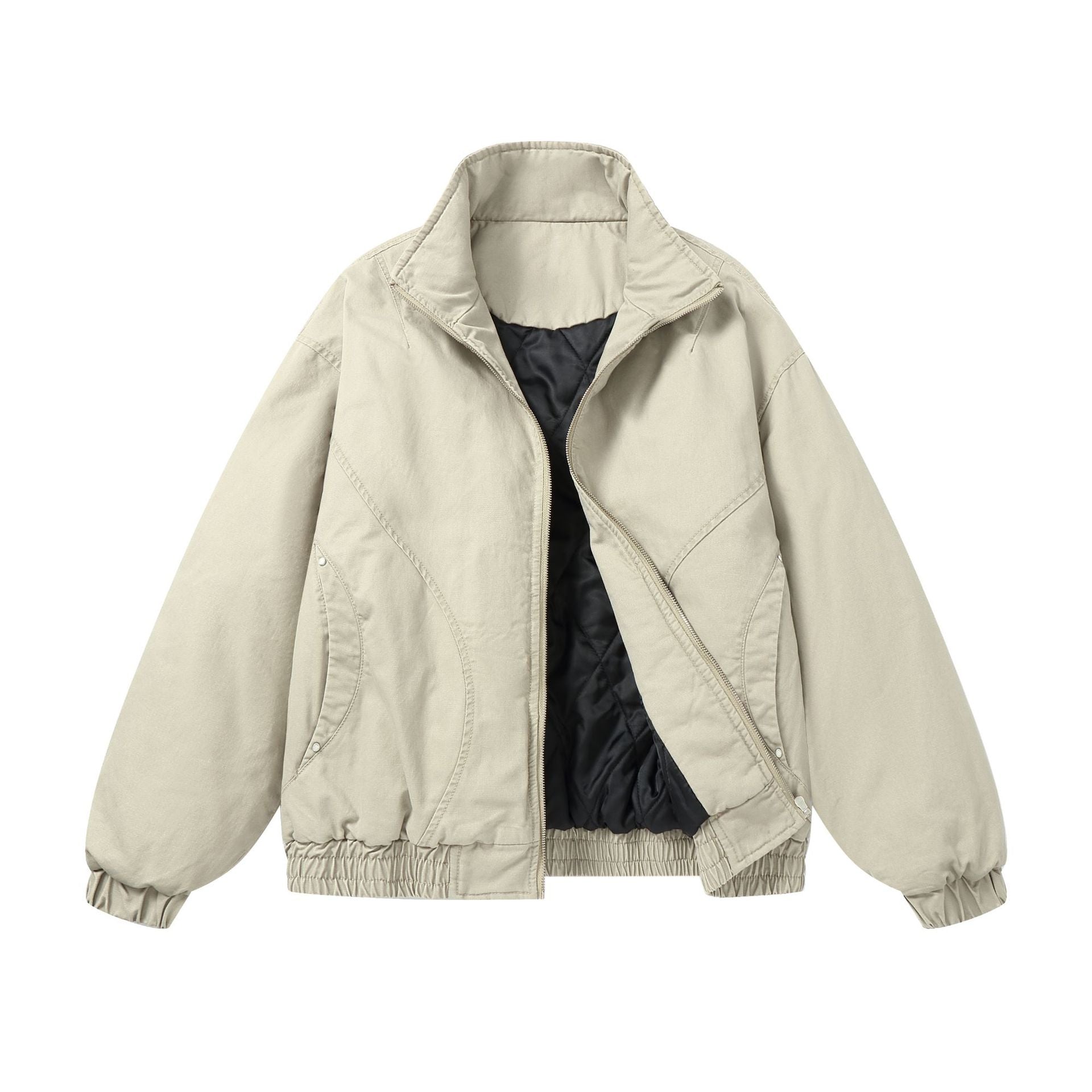 Women's boxy quilted bomber jacket with high stand-up collar and elastic hem