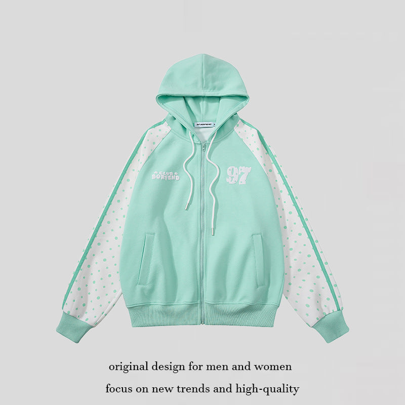 Women's hooded sweatshirt jacket with full zipper, raglan sleeves, and polka dot inserts Chichicherry