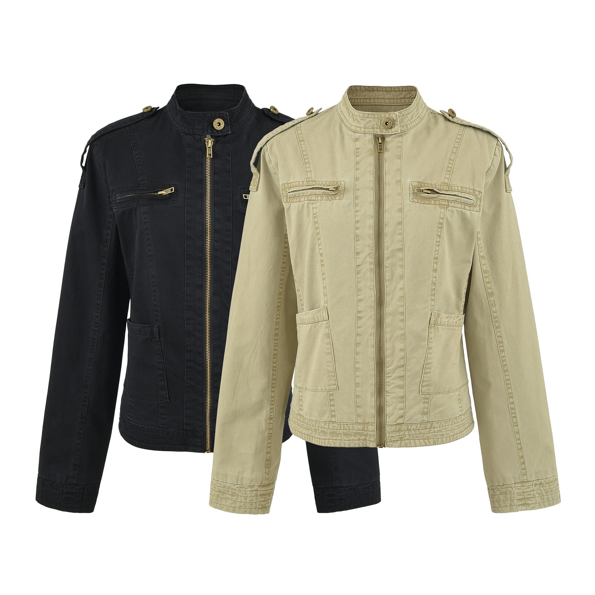 Women's field jacket with stand-up collar, shoulder flaps and golden zippers Chichicherry