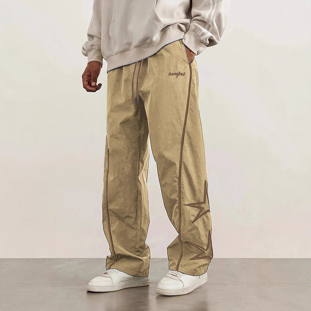 Men's Wide Trackpants with Contrast Piping, Drawstring and Star Application Chichicherry