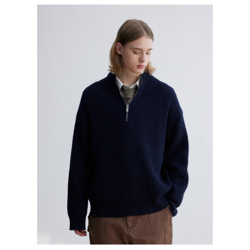 Herren Oversized Rippstrick-Halbzippullover mit verlängertem Arm und hohem Stehkragen Chichicherry