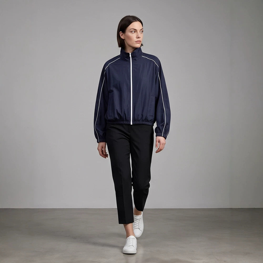 Women's Lightweight Sports Track Jacket with Stand-up Collar, Contrast Piping and Elastic Waistband Chichicherry