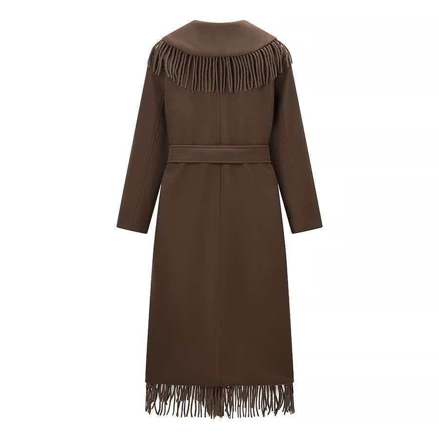 Ladies Long Fringe Wool Blend Coat with Hood, Tie Belt and Patch Pockets Chichicherry