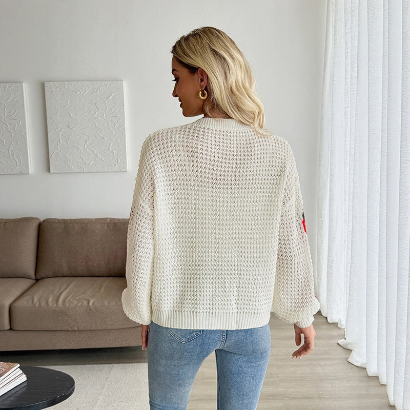 Women's Knitted Cropped Cardigan with Strawberry Intarsia, V-Neck and Button Placket Chichicherry