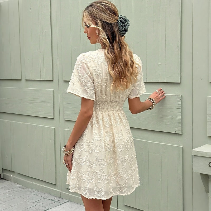 Women's Short Sleeve Gathered V-Neck Summer Dress with Waist Gathering Chichicherry