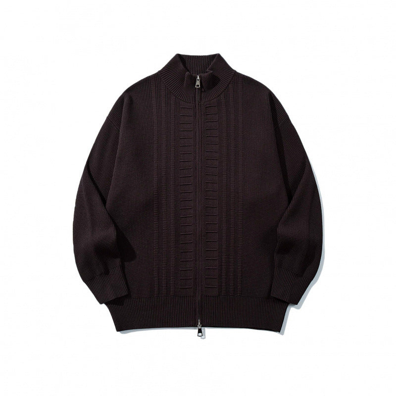 Men's chunky knit zip cardigan with high collar and double zipper Chichicherry