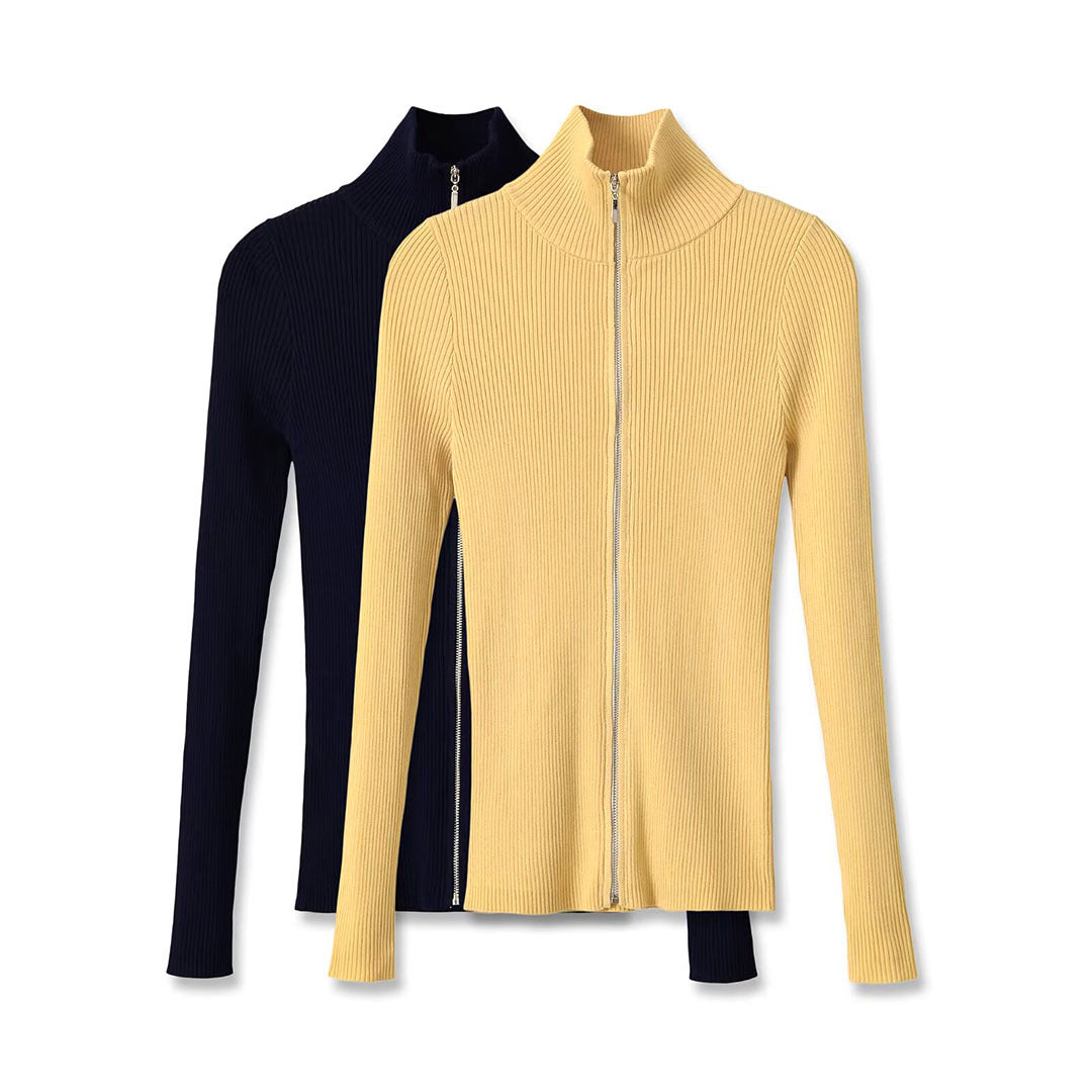 Women's Ribbed Fine Knit Cardigan with Full Zip and Stand-Up Collar Chichicherry