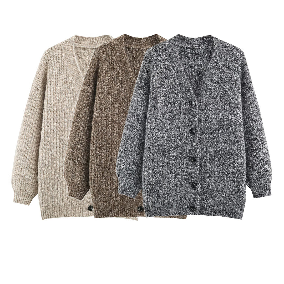 Women Oversized Chunky Knit Cardigan with Deep V-Neck, Ribbed Texture and Balloon Sleeves Chichicherry