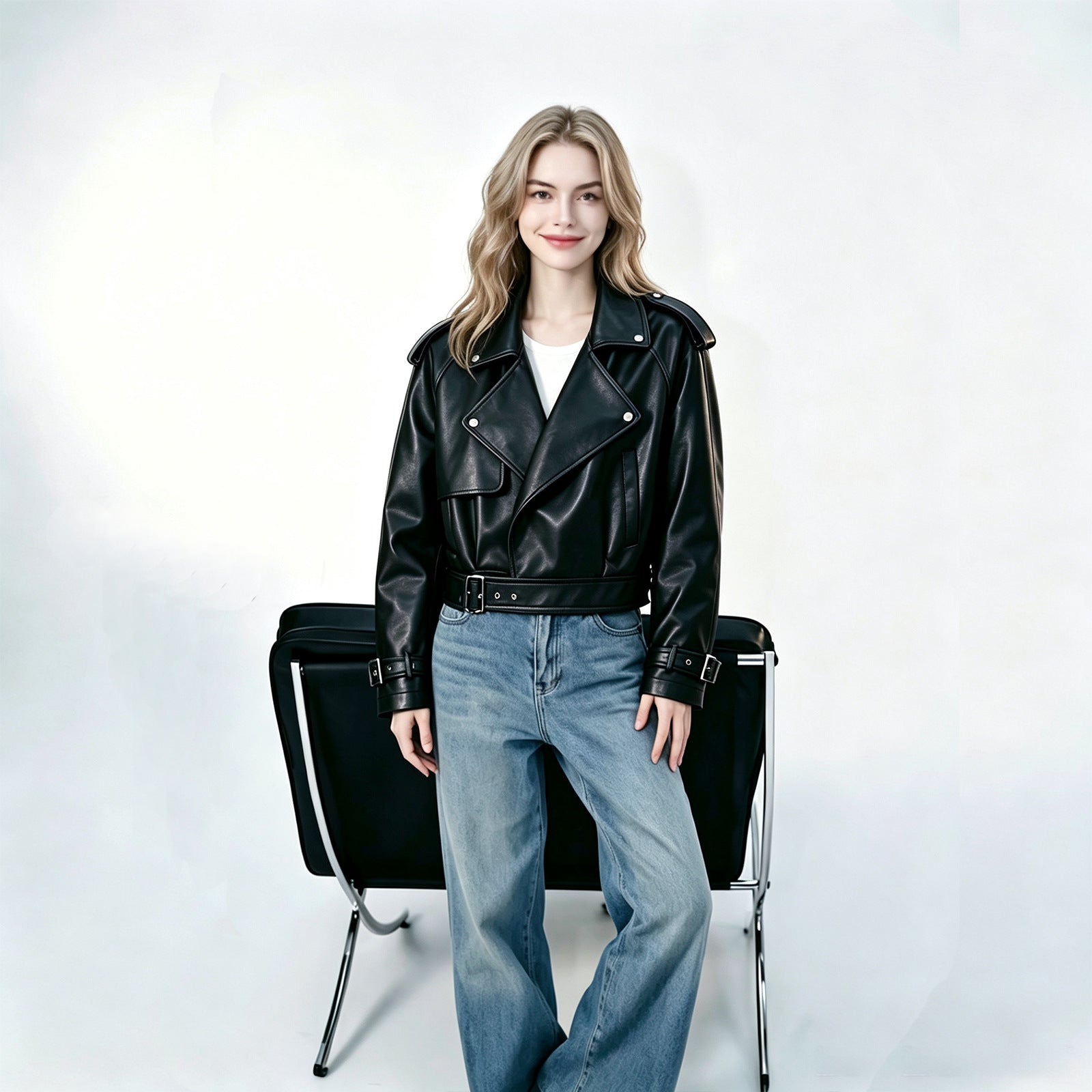 Women's Cropped Biker Trench made of soft faux leather with shoulder straps and buckle cuffs Chichicherry