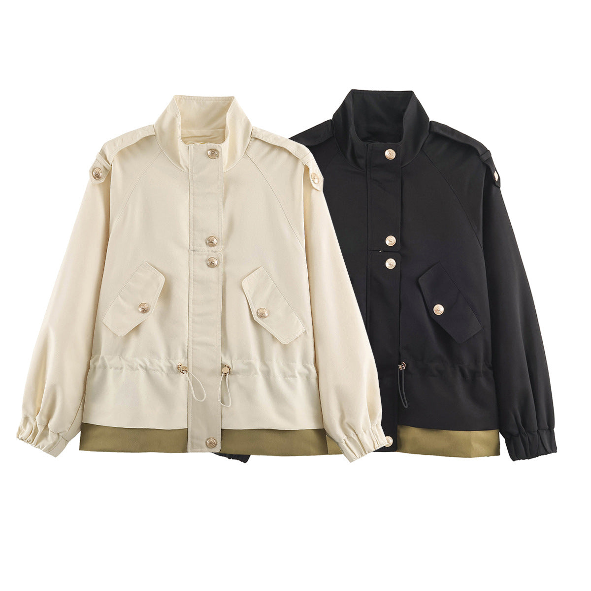 Women's lightweight field jacket with drawstring, stand-up collar, epaulettes, and lace trim Chichicherry