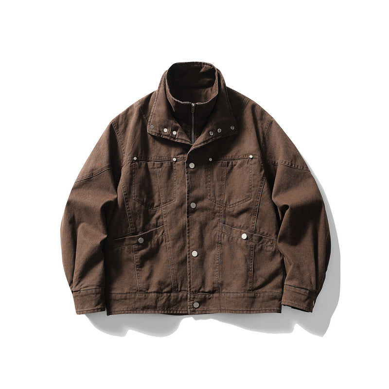 Men's Oversized Canvas Jacket with Stand-Up Collar, Snap Button Front and Concealed Zipper Interior Insert Chichicherry