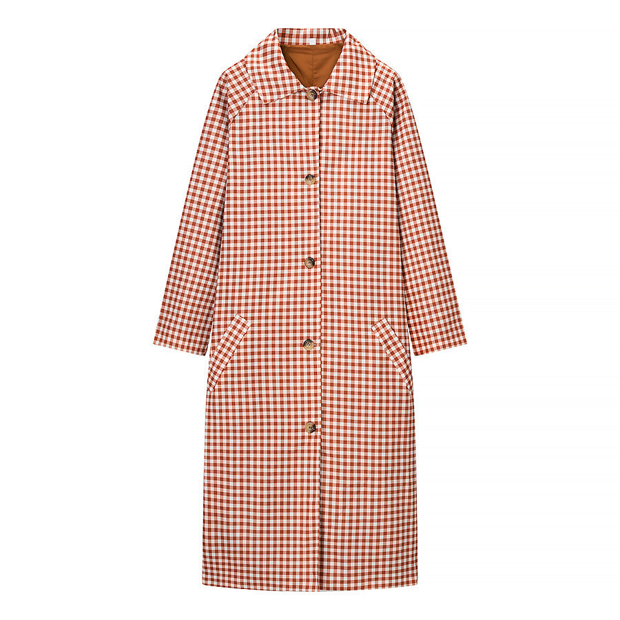 Women's Checkered Trench Coat Mid-Length with Button Placket and Contrast-Lined Cuffs Chichicherry