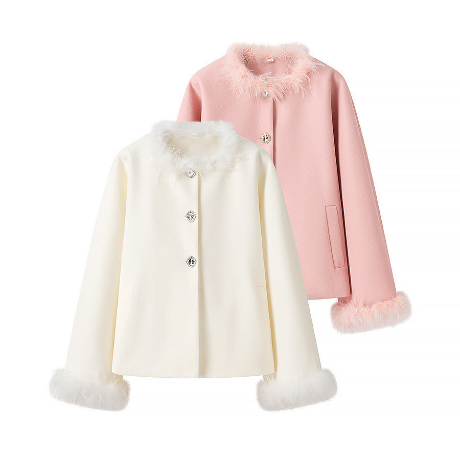 Women Elegant Short Coat with Faux Feather Trim and Decorative Buttons Chichicherry