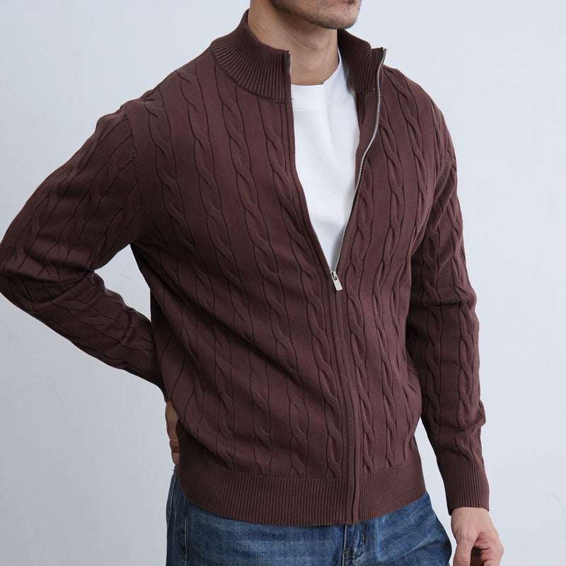 Herren Feiner Zopfmuster-Halbzip-Cardigan mit Rippkragen und silbernem Reißverschluss Chichicherry