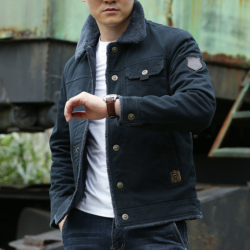 Men's vintage-inspired canvas worker jacket with full teddy lining, chest patches and multifunctional pockets Chichicherry
