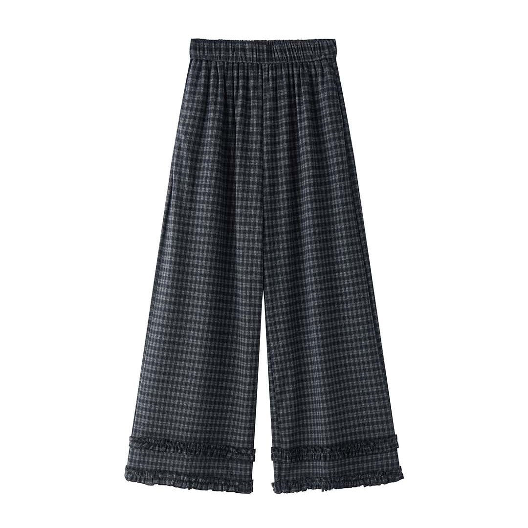 Women's Wide High-Waist Culotte Pants in Check Pattern with Elastic Waistband and Ruffled Hem Chichicherry