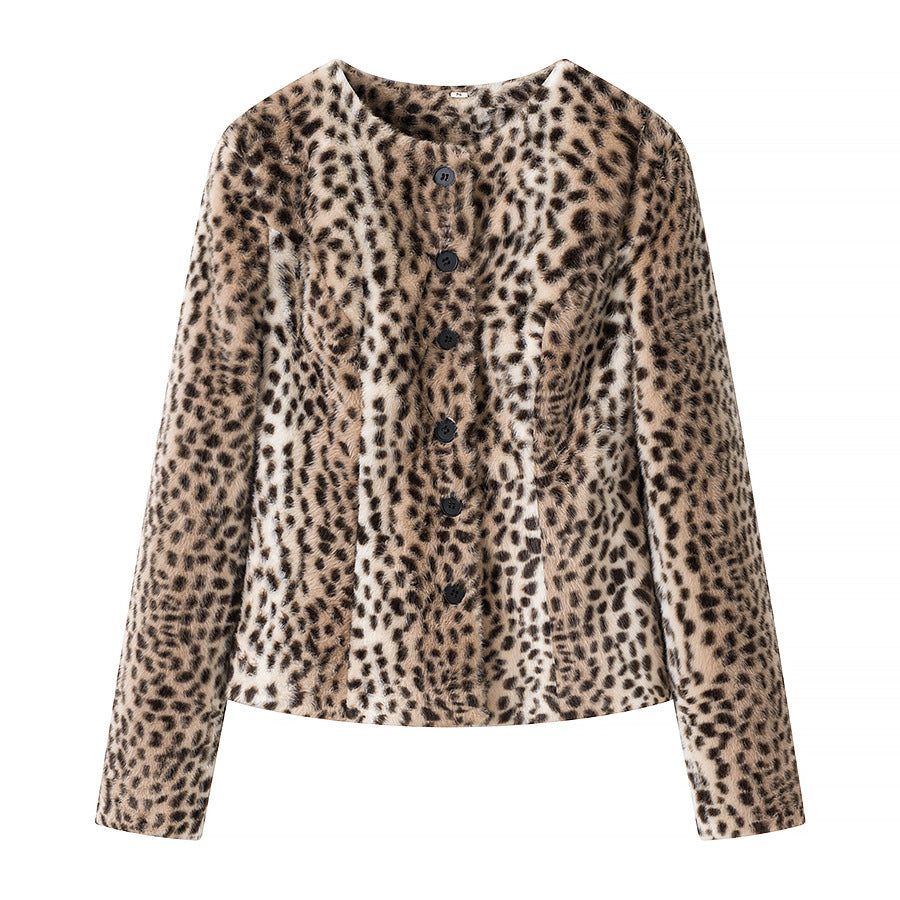Women Short Faux Fur Jacket with Leopard Print and Round Neck Chichicherry