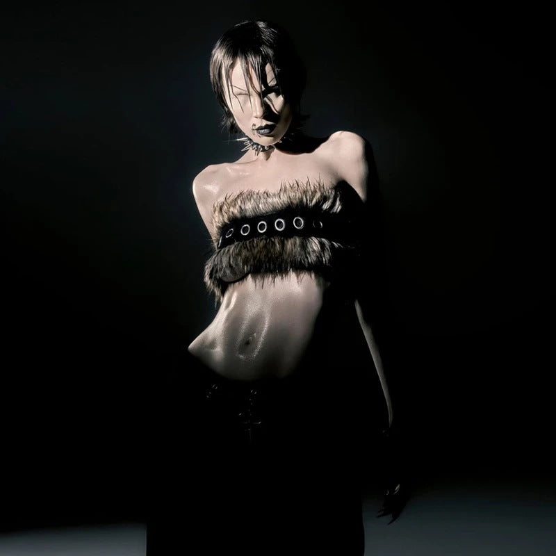 Women Cropped Bandeau Top with Faux Fur Trim, Grommet Leather Strap and Gothic-Punk Details Chichicherry