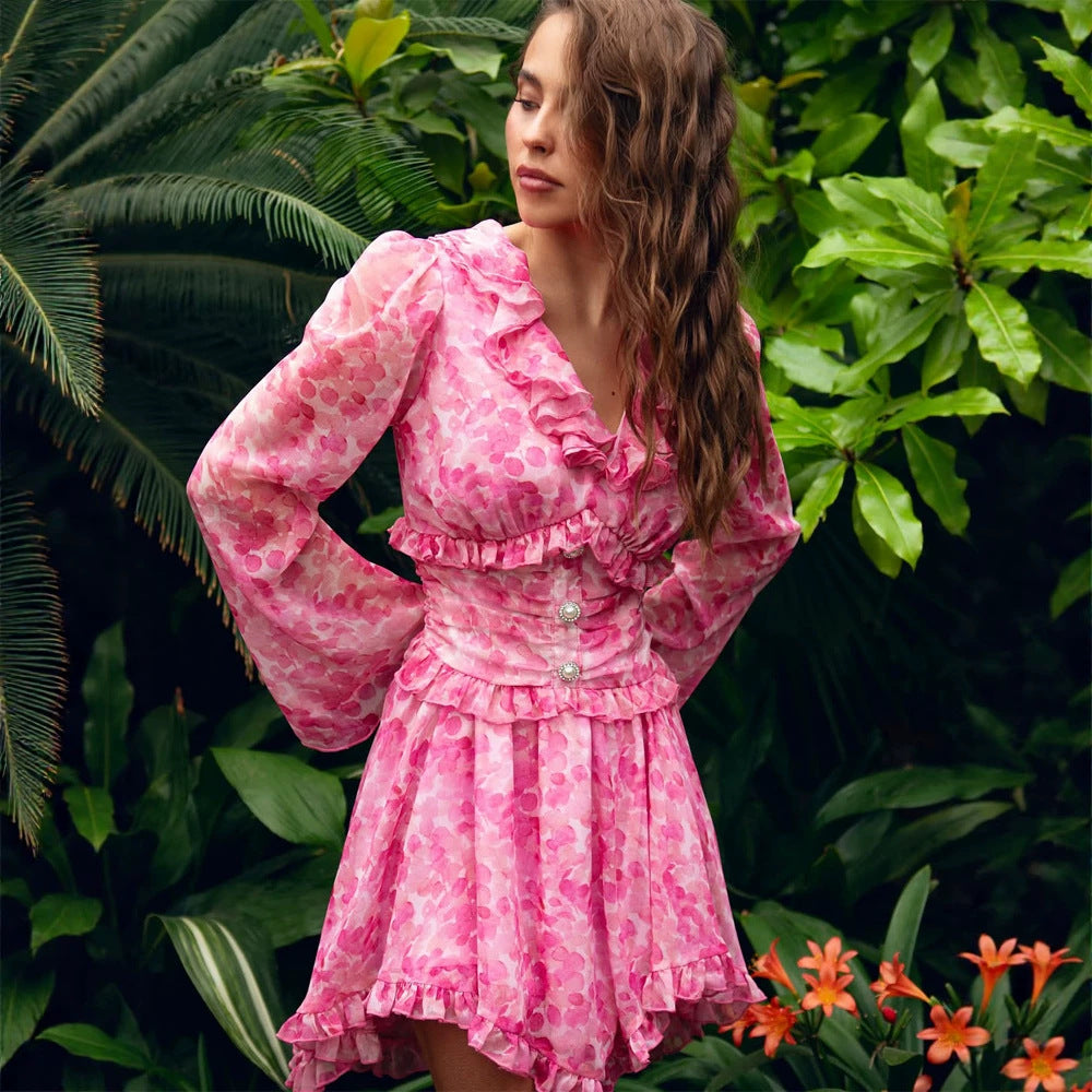 Women Short Ruffled Dress with Tailored Corset Waist and Balloon Sleeves Chichicherry