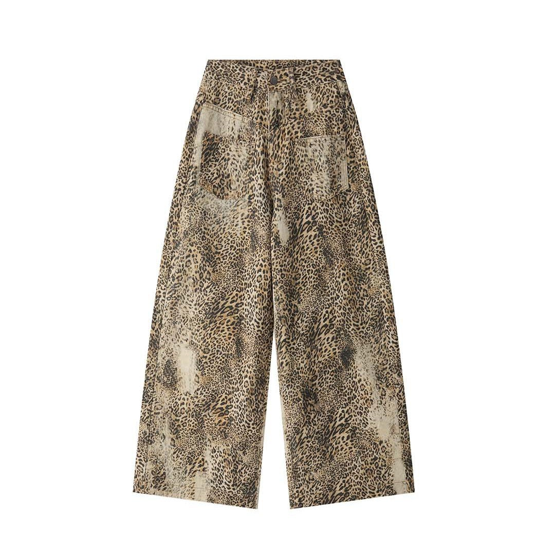 Women’s Palazzo Pants with Leopard Print, High Waist and Large Patch Pockets Chichicherry