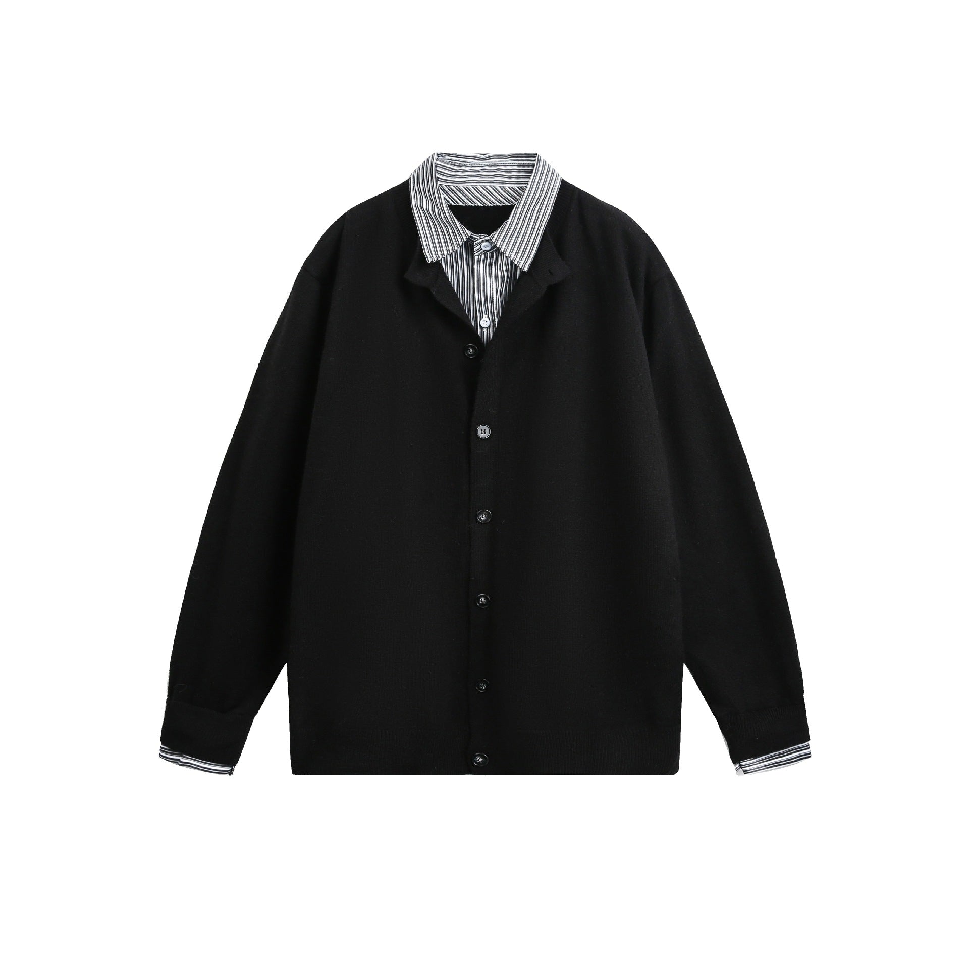Unisex Layered Look Knit Cardigan with Integrated Shirt Collar and Button Placket Chichicherry