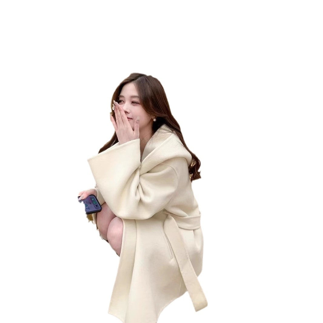 Women's Oversized Wool Coat with Hood and Waist Belt Chichicherry